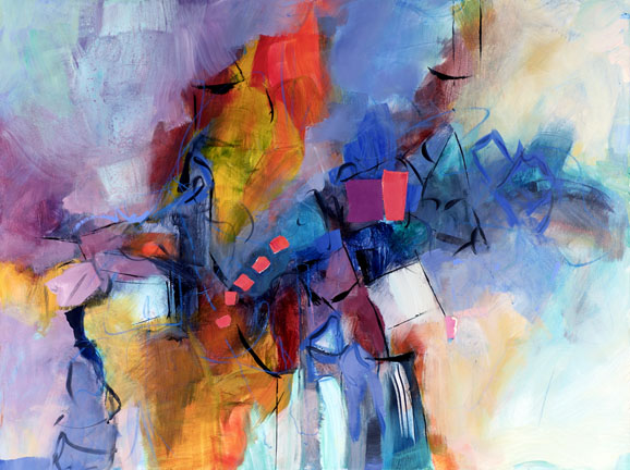 Waterwheel. Acrylic and collage on canvas, 36h x 4w, $3600.