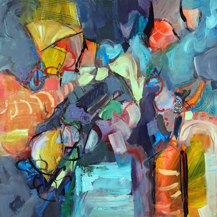 See For Miles. Acrylic and collage, 36h x 36w, $2400.