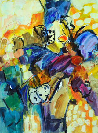 Lavender and Blue. Acrylic and collage, 40h x 30w, $1750.