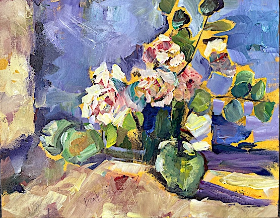 White Roses. Acrylic on canvas. 16”h by 20”w. $495.