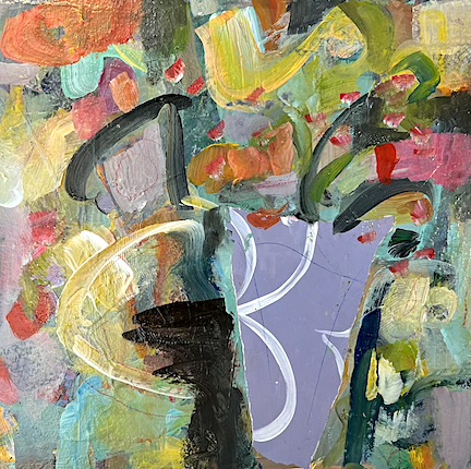 Yellow Tulip. Acrylic and collage on board. 14”h by 14”w. $350.